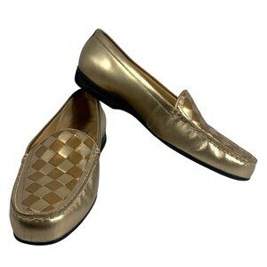 Trotters Gold Leather Woven Loafers Women 9.5N Slip-On Shoes Comfortable Stylish